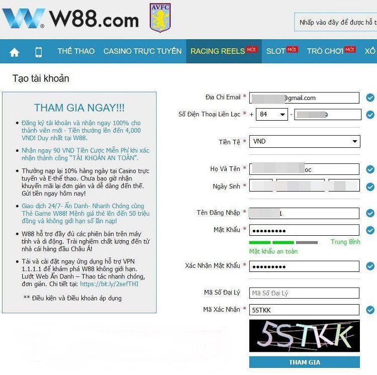 Điền đầy đủ thông tin đăng ký tài khoản tại nhà cái W88